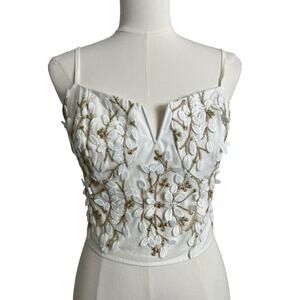 Embroidered Floral Lace Cropped Bustier Tank Top Large White Fairy Garden Boho